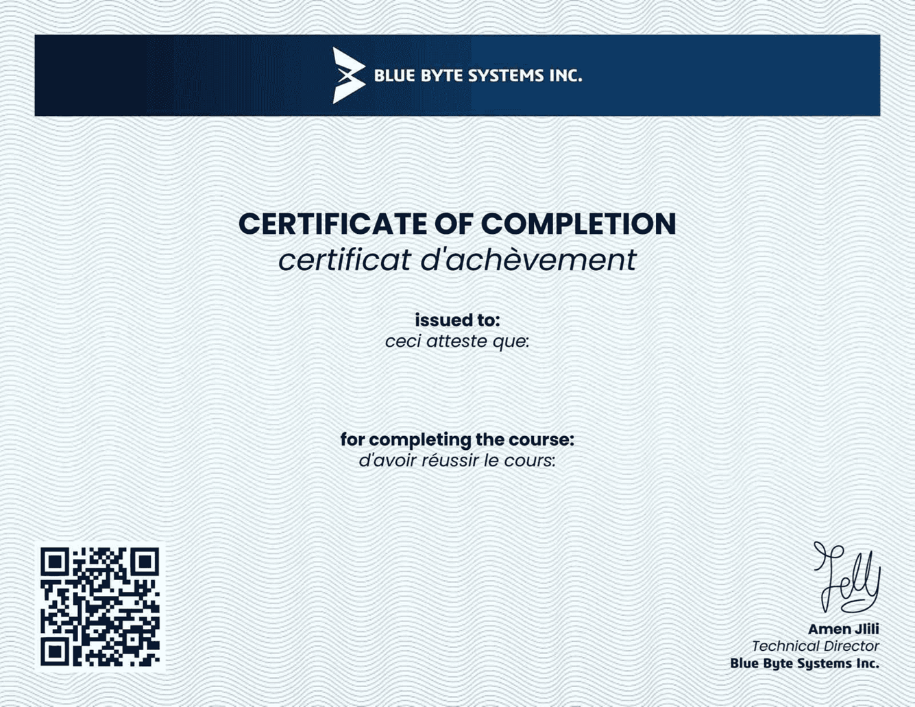Blue Byte Systems certificate of completion preview