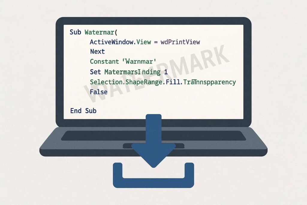 How to Automatically Insert a SolidWorks Drawing Watermark Using A Macro and An illustration of a laptop screen displaying a VBA (Visual Basic for Applications) code snippet titled "Sub Watermar("). The code includes lines: "ActiveWindow.View = wdPrintView," "Next," "Constant 'Warnmar'," "Set MatermarsInding 1," and "Selection.ShapeRange.Fill.Transparency False," followed by "End Sub." The laptop is shown with a large blue download arrow pointing downward, indicating that the code is being applied or executed. The word "WATERMARK" is faintly visible across the screen, suggesting the code's purpose is to add a watermark to a document.