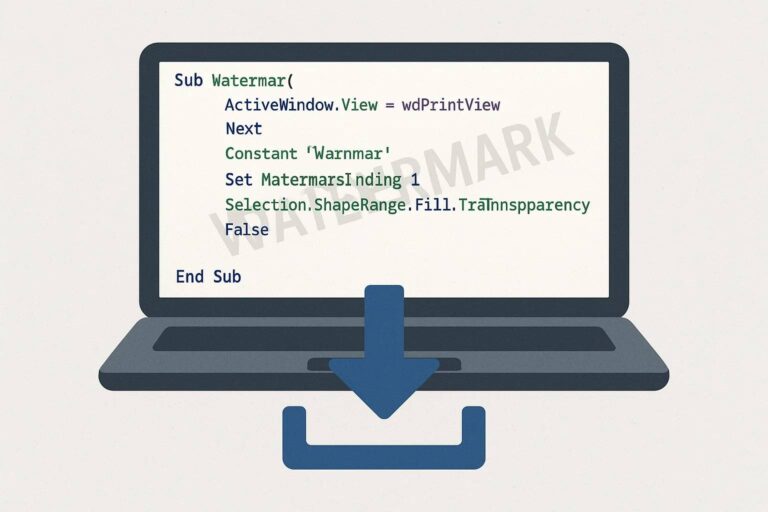 How to Automatically Insert a SolidWorks Drawing Watermark Using A Macro and An illustration of a laptop screen displaying a VBA (Visual Basic for Applications) code snippet titled "Sub Watermar("). The code includes lines: "ActiveWindow.View = wdPrintView," "Next," "Constant 'Warnmar'," "Set MatermarsInding 1," and "Selection.ShapeRange.Fill.Transparency False," followed by "End Sub." The laptop is shown with a large blue download arrow pointing downward, indicating that the code is being applied or executed. The word "WATERMARK" is faintly visible across the screen, suggesting the code's purpose is to add a watermark to a document.