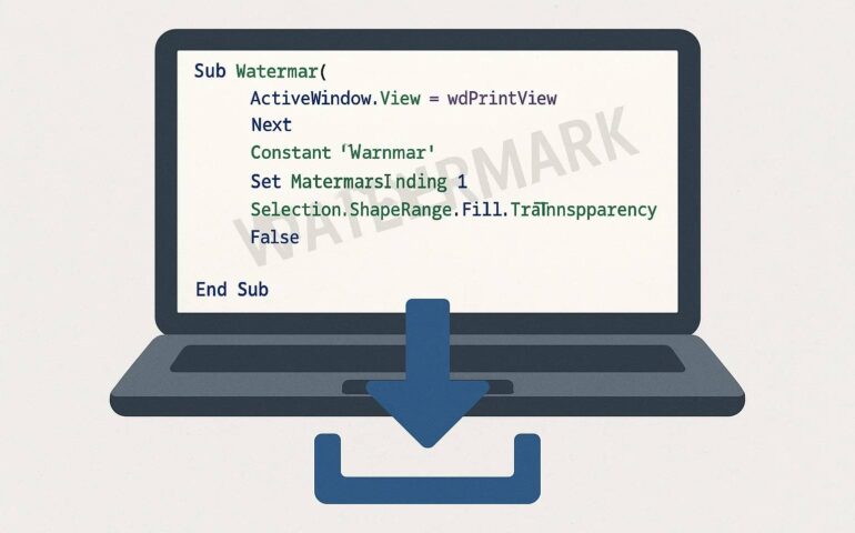 How to Automatically Insert a SolidWorks Drawing Watermark Using A Macro and An illustration of a laptop screen displaying a VBA (Visual Basic for Applications) code snippet titled "Sub Watermar("). The code includes lines: "ActiveWindow.View = wdPrintView," "Next," "Constant 'Warnmar'," "Set MatermarsInding 1," and "Selection.ShapeRange.Fill.Transparency False," followed by "End Sub." The laptop is shown with a large blue download arrow pointing downward, indicating that the code is being applied or executed. The word "WATERMARK" is faintly visible across the screen, suggesting the code's purpose is to add a watermark to a document.