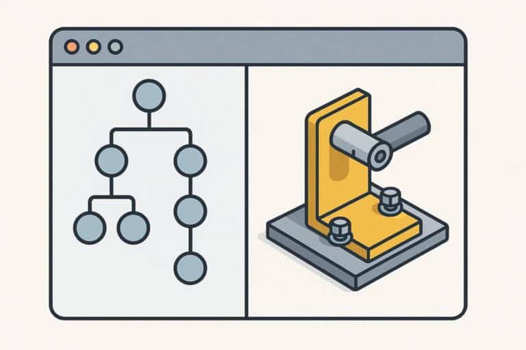 Traverse Assembly Tree Recursively and An illustration showing a split computer screen. On the left side, a webpage displays a simple tree diagram with connected circles, representing a flowchart or organizational structure. On the right side, the webpage shows a 3D image of a yellow mechanical vice with a handle and bolts, used for holding objects. The background is light, and the screen has a standard window frame with minimize, maximize, and close buttons at the top.