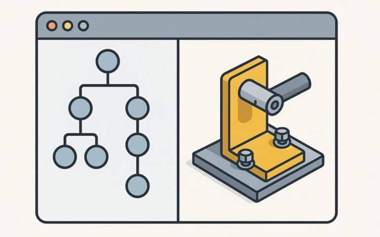 Traverse Assembly Tree Recursively and An illustration showing a split computer screen. On the left side, a webpage displays a simple tree diagram with connected circles, representing a flowchart or organizational structure. On the right side, the webpage shows a 3D image of a yellow mechanical vice with a handle and bolts, used for holding objects. The background is light, and the screen has a standard window frame with minimize, maximize, and close buttons at the top.