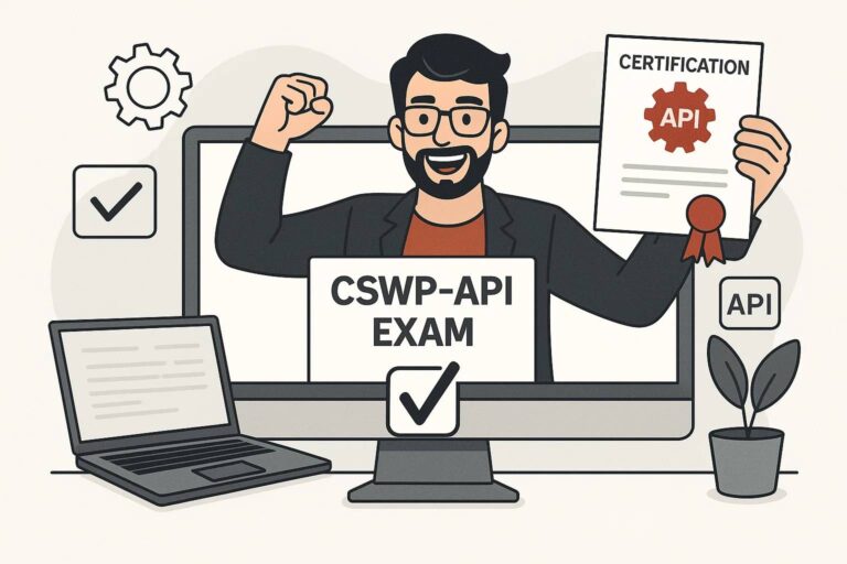SolidWorks API Certification and An illustration of a cheerful man with glasses and a beard, wearing a suit, raising one fist in triumph while holding a certification document with an API gear icon in the other hand. He is emerging from a computer screen displaying "CSWP-API EXAM" with a checkmark. In front of the screen is a laptop with text on it. The scene includes icons of a gear, a checkmark, and an API label, along with a small potted plant on the desk, symbolizing a successful exam completion in API certification.