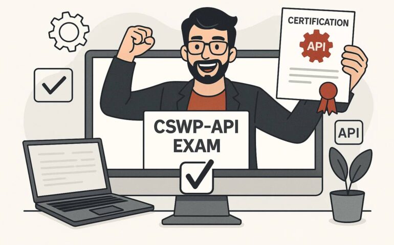 SolidWorks API Certification and An illustration of a cheerful man with glasses and a beard, wearing a suit, raising one fist in triumph while holding a certification document with an API gear icon in the other hand. He is emerging from a computer screen displaying "CSWP-API EXAM" with a checkmark. In front of the screen is a laptop with text on it. The scene includes icons of a gear, a checkmark, and an API label, along with a small potted plant on the desk, symbolizing a successful exam completion in API certification.