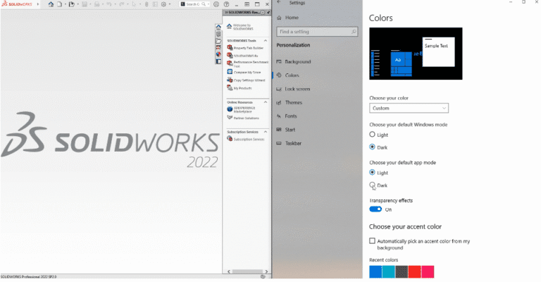 Sync your Windows 10 default app mode with SOLIDWORKS 3D and Screenshot of SOLIDWORKS 2022 Professional (2022 SP3.0) with the Windows Settings app open side-by-side. The left side shows the SOLIDWORKS splash screen with a large "DS SOLIDWORKS 2022" logo centered on a light gray background and the main menu bar at the top. The right side displays the Windows Settings > Personalization > Colors page, where "Dark" mode is selected under "Choose your default app mode," the toggle for "Transparency effects" is on, and a custom accent color is being chosen. The taskbar and desktop are visible in dark theme, demonstrating how SOLIDWORKS appears when Windows is set to dark mode.