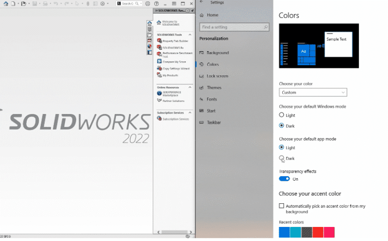 Sync your Windows 10 default app mode with SOLIDWORKS 3D and Screenshot of SOLIDWORKS 2022 Professional (2022 SP3.0) with the Windows Settings app open side-by-side. The left side shows the SOLIDWORKS splash screen with a large "DS SOLIDWORKS 2022" logo centered on a light gray background and the main menu bar at the top. The right side displays the Windows Settings > Personalization > Colors page, where "Dark" mode is selected under "Choose your default app mode," the toggle for "Transparency effects" is on, and a custom accent color is being chosen. The taskbar and desktop are visible in dark theme, demonstrating how SOLIDWORKS appears when Windows is set to dark mode.