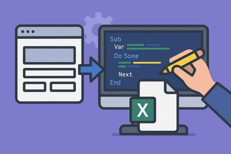 How To Edit PDM Datacard Using VBA Macro and An illustration showing a computer screen with a hand holding a pencil writing code, including lines like "Sub," "Var," "Do Some," "Next," and "End." To the left, a webpage layout with text boxes is connected to the screen by a blue arrow, indicating data transfer. A gear icon floats above, suggesting settings or processing. On the right, a printed page with an Excel "X" logo is placed next to the screen, implying data output. The background is purple, creating a tech-themed scene.