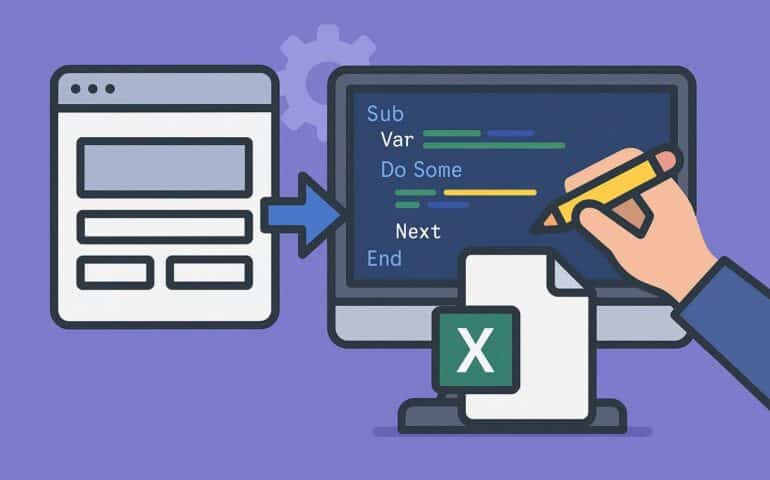 How To Edit PDM Datacard Using VBA Macro and An illustration showing a computer screen with a hand holding a pencil writing code, including lines like "Sub," "Var," "Do Some," "Next," and "End." To the left, a webpage layout with text boxes is connected to the screen by a blue arrow, indicating data transfer. A gear icon floats above, suggesting settings or processing. On the right, a printed page with an Excel "X" logo is placed next to the screen, implying data output. The background is purple, creating a tech-themed scene.