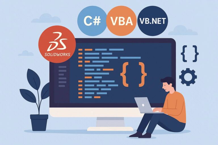 SolidWorks Programming Language: A Beginner's Guide to C#, VBA & VB.NET and An illustration showing a person in an orange shirt sitting on the floor, working on a laptop while looking at a large computer screen displaying code. The screen is labeled with a "SolidWorks" logo in red. Above the screen, there are circular icons representing programming languages C#, VBA, and VB.NET. Surrounding the scene are icons like gears and curly brackets, symbolizing technology and coding. A potted plant is on the left, and the background is light blue with cloud-like shapes, creating a tech-friendly atmosphere.