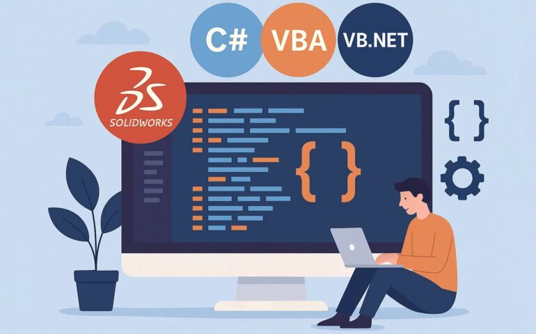 SolidWorks Programming Language: A Beginner's Guide to C#, VBA & VB.NET and An illustration showing a person in an orange shirt sitting on the floor, working on a laptop while looking at a large computer screen displaying code. The screen is labeled with a "SolidWorks" logo in red. Above the screen, there are circular icons representing programming languages C#, VBA, and VB.NET. Surrounding the scene are icons like gears and curly brackets, symbolizing technology and coding. A potted plant is on the left, and the background is light blue with cloud-like shapes, creating a tech-friendly atmosphere.