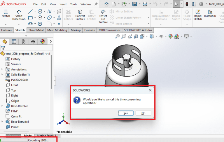 Reporting Progress for Long Operations in the SOLIDWORKS API and An image showing a SOLIDWORKS software interface displaying a 3D model of a cylindrical tank with a cutout and a protruding section, viewed in an isometric motion study. The feature tree on the left lists "tank_20lb_propane" with items like "History," "Sensors," "Annotations," and "Solid Bodies" including "PW20-29Sec0." A pop-up dialog box in the center asks, "Would you like to cancel this time consuming operation?" with "Yes" and "No" buttons. The interface includes toolbars at the top with options like "Sketch," "Sheet Metal," and "Mesh Modeling," and a status bar at the bottom counting "900s.