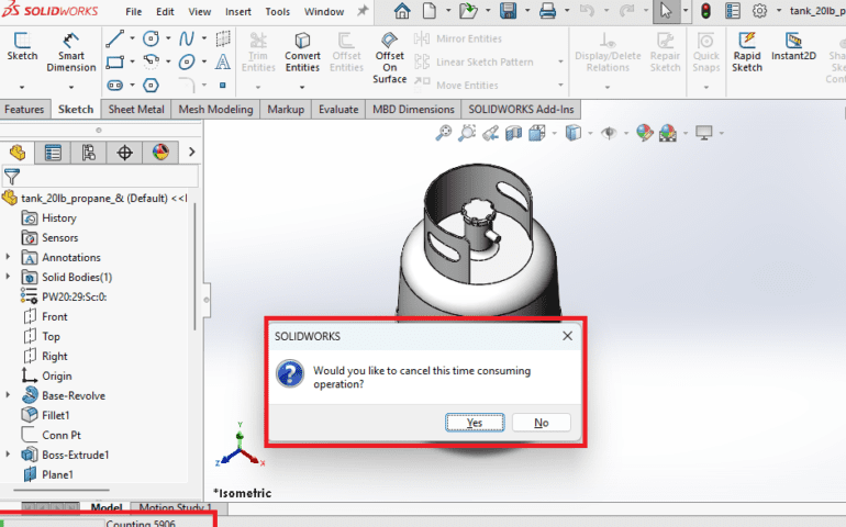 Reporting Progress for Long Operations in the SOLIDWORKS API and An image showing a SOLIDWORKS software interface displaying a 3D model of a cylindrical tank with a cutout and a protruding section, viewed in an isometric motion study. The feature tree on the left lists "tank_20lb_propane" with items like "History," "Sensors," "Annotations," and "Solid Bodies" including "PW20-29Sec0." A pop-up dialog box in the center asks, "Would you like to cancel this time consuming operation?" with "Yes" and "No" buttons. The interface includes toolbars at the top with options like "Sketch," "Sheet Metal," and "Mesh Modeling," and a status bar at the bottom counting "900s.