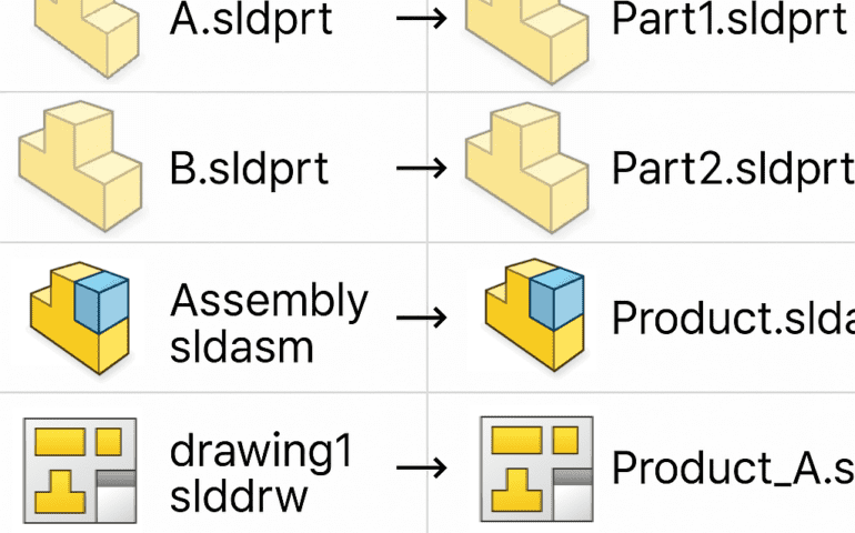 SOLIDWORKS PDM Batch Plot and File Renaming and A comparison chart showing file name changes from "From" to "To" in a design software context. The chart has five rows, each with an original file name on the left and its updated name on the right, connected by an arrow. Row 1: "A.sldprt" (a yellow 3D block shape) changes to "Part1.sldprt" (a similar yellow 3D block). Row 2: "B.sldprt" (another yellow 3D block) changes to "Part2.sldprt" (a similar yellow 3D block). Row 3: "Assembly.sldasm" (a yellow 3D block with a blue cube) changes to "Product.sldasm" (a yellow 3D block with a blue cube). Row 4: "drawing1.slddrw" (a layout with yellow and gray shapes) changes to "Product_A.slddrw" (a similar layout with yellow and gray shapes). Row 5: "Product_A.slddrw" (another layout with yellow and gray shapes) changes to "Product.slddrw" (a similar layout with yellow and gray shapes).