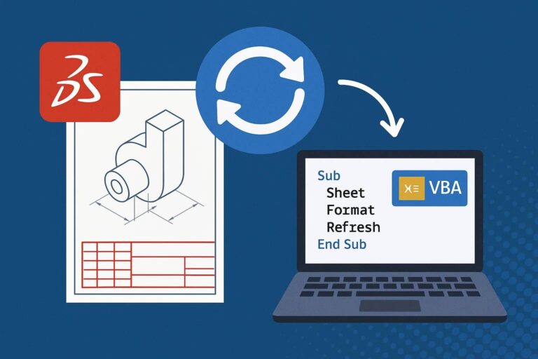 Automatically Refresh Drawing Sheet Formats in SOLIDWORKS with VBA and An illustrative diagram showing a workflow from SOLIDWORKS to VBA automation. On the left, a red SOLIDWORKS logo sits above a technical drawing of a 3D mechanical part with dimensions and a red-outlined title block at the bottom. A large blue circular arrow with two white curved arrows inside points clockwise, indicating a refresh or update process. An arrow from the circle leads to a laptop on the right, whose screen displays VBA code: "Sub Sheet Format Refresh End Sub" with a VBA icon. The blue background and flow suggest that a SOLIDWORKS macro written in VBA is used to refresh or update the sheet format of drawings.