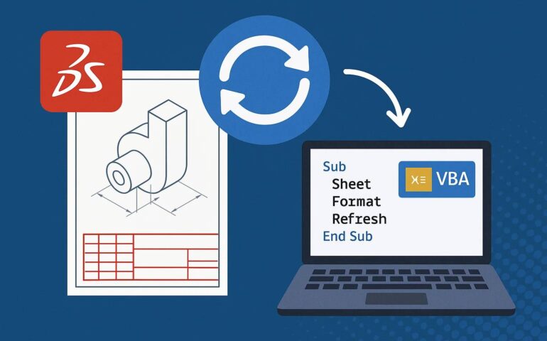 Automatically Refresh Drawing Sheet Formats in SOLIDWORKS with VBA and An illustrative diagram showing a workflow from SOLIDWORKS to VBA automation. On the left, a red SOLIDWORKS logo sits above a technical drawing of a 3D mechanical part with dimensions and a red-outlined title block at the bottom. A large blue circular arrow with two white curved arrows inside points clockwise, indicating a refresh or update process. An arrow from the circle leads to a laptop on the right, whose screen displays VBA code: "Sub Sheet Format Refresh End Sub" with a VBA icon. The blue background and flow suggest that a SOLIDWORKS macro written in VBA is used to refresh or update the sheet format of drawings.