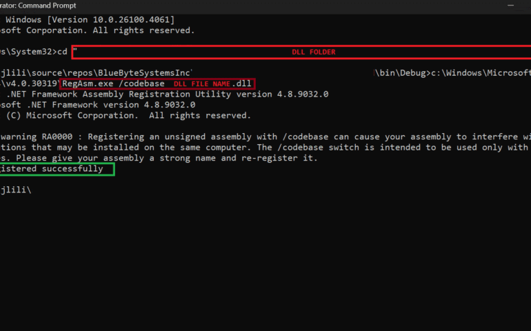 How to Register a SOLIDWORKS Add-in DLL (64-bit) and A screenshot of an Administrator Command Prompt window showing a command to register a .NET assembly file. The command "C:\Windows\System32\cd" changes the directory to a DLL folder, followed by "RegAsm.exe /codebase FILE_NAME.dll" to register the file using the .NET Framework Assembly Registration Utility version 4.8.9932.0. A warning (RA0000) indicates that registering an unsigned assembly with /codebase may cause interference, suggesting a strong name and re-registration. The process completes successfully, shown in green text.