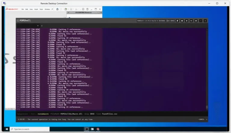 Virtual Machine Checklist for Your SOLIDWORKS PDM Large Data Transformation and Screenshot of a Windows Remote Desktop session running SOLIDWORKS. In the foreground is a dark-themed PowerShell window titled "PDMSHELL" (PowerShell 7.4.0). The console displays a long log of a macro execution with timestamps (e.g., 09:31:29–13:07) and repeated messages such as: SLDDRW: Caching 7 references... SLDDRW: DLL macro ran successfully SLDDRW: Found 32 references... SLDDRW: Caching file (and references)... The log shows progressive file counts (7, 6, 32, 11, 14, 85, 58, 15, etc.) and ends with a command line: textPS C:\> .\runswmacro -filePath "PDMSHELLDLL.dll" -skip 3045 -list foundfiles.csv A note below reads: "The current operation is taking too long. You can cancel at any time." In the background, a SOLIDWORKS window is partially visible with the SOLIDWORKS logo and menu bar. The overall scene demonstrates a batch macro processing many SOLIDWORKS drawing files via PowerShell, logging caching and reference resolution in real time.