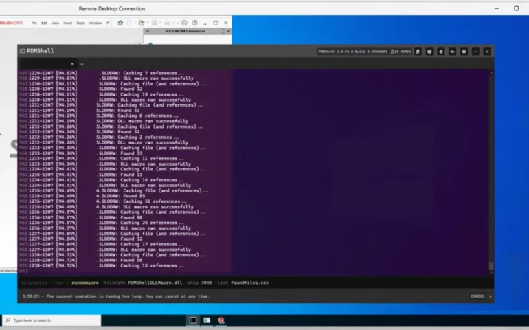 Virtual Machine Checklist for Your SOLIDWORKS PDM Large Data Transformation and Screenshot of a Windows Remote Desktop session running SOLIDWORKS. In the foreground is a dark-themed PowerShell window titled "PDMSHELL" (PowerShell 7.4.0). The console displays a long log of a macro execution with timestamps (e.g., 09:31:29–13:07) and repeated messages such as: SLDDRW: Caching 7 references... SLDDRW: DLL macro ran successfully SLDDRW: Found 32 references... SLDDRW: Caching file (and references)... The log shows progressive file counts (7, 6, 32, 11, 14, 85, 58, 15, etc.) and ends with a command line: textPS C:\> .\runswmacro -filePath "PDMSHELLDLL.dll" -skip 3045 -list foundfiles.csv A note below reads: "The current operation is taking too long. You can cancel at any time." In the background, a SOLIDWORKS window is partially visible with the SOLIDWORKS logo and menu bar. The overall scene demonstrates a batch macro processing many SOLIDWORKS drawing files via PowerShell, logging caching and reference resolution in real time.