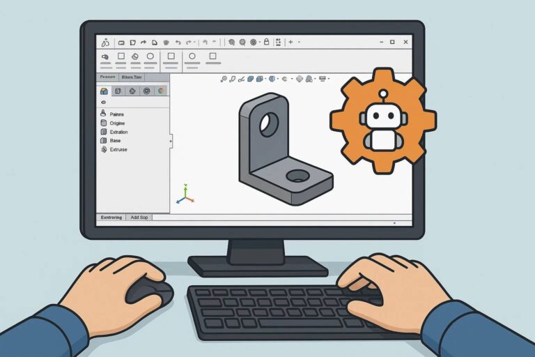 5-Step Guide to Using the Auto-Mate Addition Macro in SolidWorks and An illustration of a person working at a computer, with hands on a keyboard and mouse. The computer screen displays a 3D model of a mechanical part with a hole, viewed in a design software interface showing tools like "Pains," "Origine," "Extrusion," and "Add Step" on the left sidebar. An orange gear icon with a small robot face overlays the screen, symbolizing automation or AI assistance in the design process.