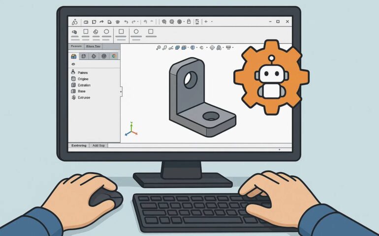 5-Step Guide to Using the Auto-Mate Addition Macro in SolidWorks and An illustration of a person working at a computer, with hands on a keyboard and mouse. The computer screen displays a 3D model of a mechanical part with a hole, viewed in a design software interface showing tools like "Pains," "Origine," "Extrusion," and "Add Step" on the left sidebar. An orange gear icon with a small robot face overlays the screen, symbolizing automation or AI assistance in the design process.