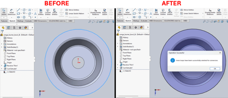 Automate the Convert Entities Tool for Inner Loops Only and A screenshot of a SolidWorks CAD software interface displaying a 3D model of a mechanical assembly named "Bracket_Assembly." The central viewport shows an isometric view of a gray L-shaped bracket with a circular hole, mounted on a purple base plate, with a yellow "COM" (Center of Mass) marker at the hole's center. The left sidebar, the FeatureManager Design Tree, lists components and features including "Origin," "Front Plane," "Top Plane," "Right Plane," "Extrude1," "Fillet1," and "Mate1." The top menu bar includes tabs like File, Edit, View, Insert, and Tools, with a status bar at the bottom showing "Edit Assembly" and green X, Y, Z axes indicators.