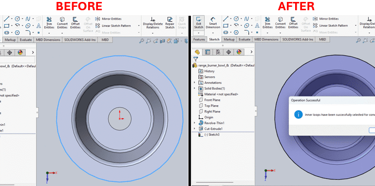 Automate the Convert Entities Tool for Inner Loops Only and A screenshot of a SolidWorks CAD software interface displaying a 3D model of a mechanical assembly named "Bracket_Assembly." The central viewport shows an isometric view of a gray L-shaped bracket with a circular hole, mounted on a purple base plate, with a yellow "COM" (Center of Mass) marker at the hole's center. The left sidebar, the FeatureManager Design Tree, lists components and features including "Origin," "Front Plane," "Top Plane," "Right Plane," "Extrude1," "Fillet1," and "Mate1." The top menu bar includes tabs like File, Edit, View, Insert, and Tools, with a status bar at the bottom showing "Edit Assembly" and green X, Y, Z axes indicators.