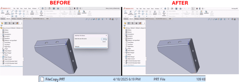 Custom Properties and Save As Macro for SOLIDWORKS and An illustration of a person working at a computer, with hands on a keyboard and mouse. The computer screen displays a 3D model of a mechanical part with a hole, viewed in a design software interface showing tools like "Pains," "Origine," "Extrusion," and "Add Step" on the left sidebar. An orange gear icon with a small robot face overlays the screen, symbolizing automation or AI assistance in the design process.