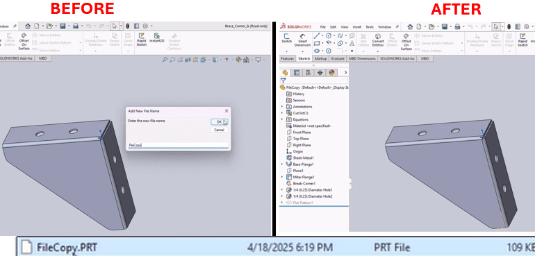 Custom Properties and Save As Macro for SOLIDWORKS and An illustration of a person working at a computer, with hands on a keyboard and mouse. The computer screen displays a 3D model of a mechanical part with a hole, viewed in a design software interface showing tools like "Pains," "Origine," "Extrusion," and "Add Step" on the left sidebar. An orange gear icon with a small robot face overlays the screen, symbolizing automation or AI assistance in the design process.