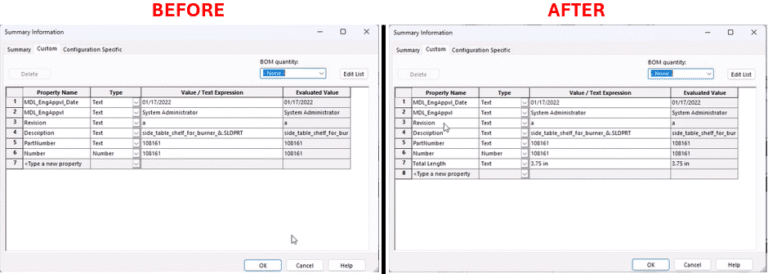 How to Measure Sketch Length and Add Custom Property Using VBA Macro and An illustration showing two side-by-side screenshots of a "Summary Information" window from a software, labeled "BEFORE" on the left and "AFTER" on the right. Each window has a table with columns for "Property Name," "Type," "Value / Text Expression," and "Evaluated Value," with an "Edit List" button and options for "OK," "Cancel," and "Help." The "BEFORE" table lists properties like MDL_EngAppId, Revision, Description, and a new property, with values such as dates and numbers. The "AFTER" table includes the same properties plus two new ones, "Number" and "Total Length," with updated values, including 10.751 for Total Length, indicating changes or additions to the data.