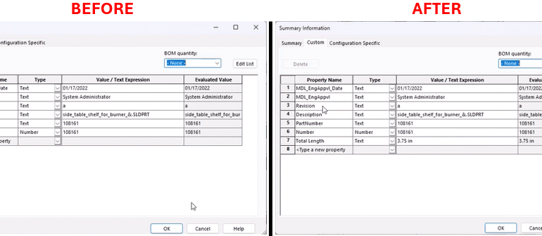 How to Measure Sketch Length and Add Custom Property Using VBA Macro and An illustration showing two side-by-side screenshots of a "Summary Information" window from a software, labeled "BEFORE" on the left and "AFTER" on the right. Each window has a table with columns for "Property Name," "Type," "Value / Text Expression," and "Evaluated Value," with an "Edit List" button and options for "OK," "Cancel," and "Help." The "BEFORE" table lists properties like MDL_EngAppId, Revision, Description, and a new property, with values such as dates and numbers. The "AFTER" table includes the same properties plus two new ones, "Number" and "Total Length," with updated values, including 10.751 for Total Length, indicating changes or additions to the data.