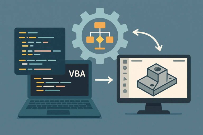How to Use VBA Macros for SOLIDWORKS Automation and An illustration depicting the process of using VBA (Visual Basic for Applications) to automate design tasks. On the left, a laptop screen displays code written in a programming editor with yellow and cyan syntax highlighting. In the center, a large gear icon contains a flowchart with interconnected boxes, symbolizing automation logic. An arrow points from the laptop to a desktop monitor on the right, which displays a 3D model of a mechanical part with a hole, rendered in a CAD software interface. The image illustrates how VBA code interacts with CAD software to automate the creation or modification of 3D designs.