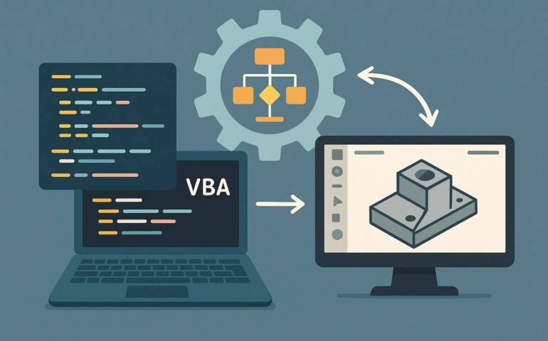 How to Use VBA Macros for SOLIDWORKS Automation and An illustration depicting the process of using VBA (Visual Basic for Applications) to automate design tasks. On the left, a laptop screen displays code written in a programming editor with yellow and cyan syntax highlighting. In the center, a large gear icon contains a flowchart with interconnected boxes, symbolizing automation logic. An arrow points from the laptop to a desktop monitor on the right, which displays a 3D model of a mechanical part with a hole, rendered in a CAD software interface. The image illustrates how VBA code interacts with CAD software to automate the creation or modification of 3D designs.