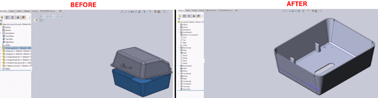 Open Selected Part Separately from The Assembly in SolidWorks and An illustration of a person working at a computer, with hands on a keyboard and mouse. The computer screen displays a 3D model of a mechanical part with a hole, viewed in a design software interface showing tools like "Pains," "Origine," "Extrusion," and "Add Step" on the left sidebar. An orange gear icon with a small robot face overlays the screen, symbolizing automation or AI assistance in the design process.