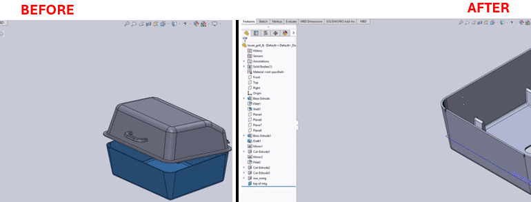 Open Selected Part Separately from The Assembly in SolidWorks and An illustration of a person working at a computer, with hands on a keyboard and mouse. The computer screen displays a 3D model of a mechanical part with a hole, viewed in a design software interface showing tools like "Pains," "Origine," "Extrusion," and "Add Step" on the left sidebar. An orange gear icon with a small robot face overlays the screen, symbolizing automation or AI assistance in the design process.
