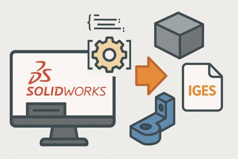 SOLIDWORKS Macro_ Export Part and Assembly to IGES File and An illustration of a computer screen displaying the SolidWorks logo in red. An orange arrow points from the screen to a 3D model of a mechanical part and an IGES file icon, indicating data export. Surrounding the screen are icons of code brackets and a gear, symbolizing programming and design. A gray 3D cube and a blue mechanical component are also shown, representing 3D modeling. The background is light, suggesting a tech-focused environment.