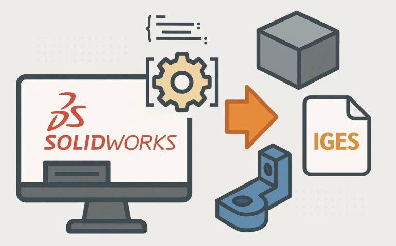 SOLIDWORKS Macro_ Export Part and Assembly to IGES File and An illustration of a computer screen displaying the SolidWorks logo in red. An orange arrow points from the screen to a 3D model of a mechanical part and an IGES file icon, indicating data export. Surrounding the screen are icons of code brackets and a gear, symbolizing programming and design. A gray 3D cube and a blue mechanical component are also shown, representing 3D modeling. The background is light, suggesting a tech-focused environment.