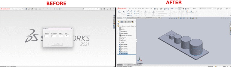SolidWorks Macro for Automated Cylinder Array Generation and An illustration of a person working at a computer, with hands on a keyboard and mouse. The computer screen displays a 3D model of a mechanical part with a hole, viewed in a design software interface showing tools like "Pains," "Origine," "Extrusion," and "Add Step" on the left sidebar. An orange gear icon with a small robot face overlays the screen, symbolizing automation or AI assistance in the design process.