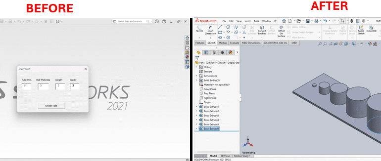 SolidWorks Macro for Automated Cylinder Array Generation and An illustration of a person working at a computer, with hands on a keyboard and mouse. The computer screen displays a 3D model of a mechanical part with a hole, viewed in a design software interface showing tools like "Pains," "Origine," "Extrusion," and "Add Step" on the left sidebar. An orange gear icon with a small robot face overlays the screen, symbolizing automation or AI assistance in the design process.