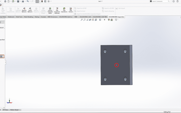 SolidWorks Macro for Creating a Center of Gravity (CoG) Point and An illustration of a person working at a computer, with hands on a keyboard and mouse. The computer screen displays a 3D model of a mechanical part with a hole, viewed in a design software interface showing tools like "Pains," "Origine," "Extrusion," and "Add Step" on the left sidebar. An orange gear icon with a small robot face overlays the screen, symbolizing automation or AI assistance in the design process.