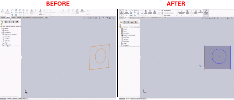 VBA Macro to Automate Sketch Editing in SOLIDWORKS and An illustration of a person working at a computer, with hands on a keyboard and mouse. The computer screen displays a 3D model of a mechanical part with a hole, viewed in a design software interface showing tools like "Pains," "Origine," "Extrusion," and "Add Step" on the left sidebar. An orange gear icon with a small robot face overlays the screen, symbolizing automation or AI assistance in the design process.