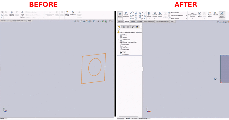 VBA Macro to Automate Sketch Editing in SOLIDWORKS and An illustration of a person working at a computer, with hands on a keyboard and mouse. The computer screen displays a 3D model of a mechanical part with a hole, viewed in a design software interface showing tools like "Pains," "Origine," "Extrusion," and "Add Step" on the left sidebar. An orange gear icon with a small robot face overlays the screen, symbolizing automation or AI assistance in the design process.
