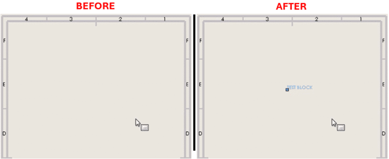 Programmatically Insert a Block into SolidWorks Drawing and A side-by-side comparison labeled "BEFORE" and "AFTER" showing a blank engineering drawing sheet with a standard border and grid labels (1 to 4 horizontally, D to F vertically). The "BEFORE" section is completely empty except for a small cursor icon near the bottom center. The "AFTER" section shows the same sheet with the addition of a blue text label "TEST BLOCK" centered horizontally and vertically in the middle of the sheet. Both sections have a small cursor icon near the bottom, indicating user interaction. The change demonstrates the insertion of a test block or note onto the drawing.