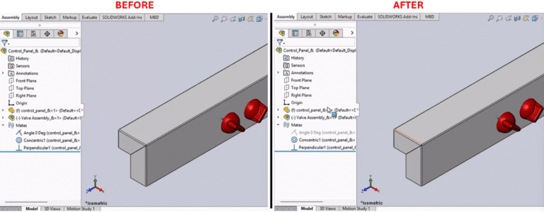 SOLIDWORKS Macro for Automated Mate Toggling and An image divided into two side-by-side sections labeled "Before" and "After," showing a SOLIDWORKS software interface. The "Before" section displays a 3D model of a rectangular base with two red cylindrical components attached, viewed in an isometric motion study. The feature tree on the left lists "Control Panel" and "Valve Assembly" with constraints like "Angle 0 Deg" and "Concentric." The "After" section shows the same model with an additional red cylindrical component added to the right side, and the feature tree updated to reflect the new assembly and constraints. Both sections include toolbars and a 3D view with axes indicators.