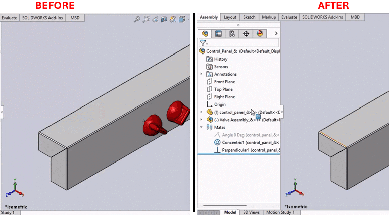 SOLIDWORKS Macro for Automated Mate Toggling and An image divided into two side-by-side sections labeled "Before" and "After," showing a SOLIDWORKS software interface. The "Before" section displays a 3D model of a rectangular base with two red cylindrical components attached, viewed in an isometric motion study. The feature tree on the left lists "Control Panel" and "Valve Assembly" with constraints like "Angle 0 Deg" and "Concentric." The "After" section shows the same model with an additional red cylindrical component added to the right side, and the feature tree updated to reflect the new assembly and constraints. Both sections include toolbars and a 3D view with axes indicators.