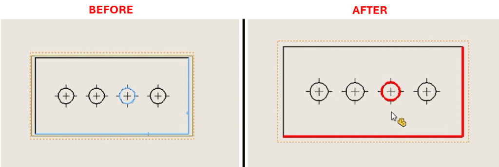 SOLIDWORKS Macro to Apply Custom Color and Width to Drawing Edges and An image divided into two side-by-side sections labeled "Before" and "After." The "Before" section shows a rectangular frame with five circular targets inside, each with a crosshair, and one target highlighted with a blue outline. The "After" section shows the same rectangular frame with the same five targets, but the highlighted target is now outlined in red, and a yellow cursor icon is positioned near it, indicating a change or selection. Both sections have an orange dashed border around the frame.