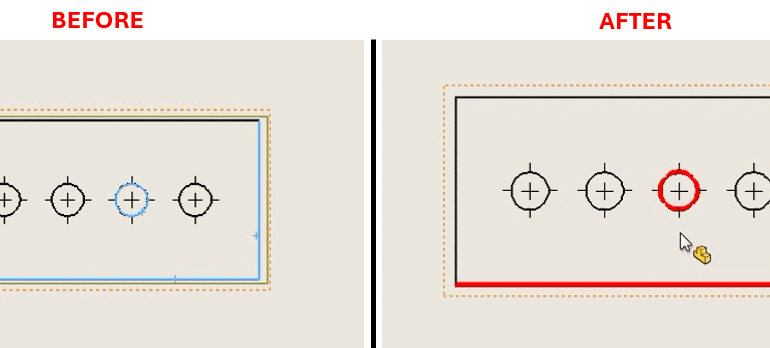 SOLIDWORKS Macro to Apply Custom Color and Width to Drawing Edges and An image divided into two side-by-side sections labeled "Before" and "After." The "Before" section shows a rectangular frame with five circular targets inside, each with a crosshair, and one target highlighted with a blue outline. The "After" section shows the same rectangular frame with the same five targets, but the highlighted target is now outlined in red, and a yellow cursor icon is positioned near it, indicating a change or selection. Both sections have an orange dashed border around the frame.