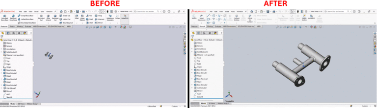SOLIDWORKS Macro to Create Custom ISO Views and n image divided into two side-by-side sections labeled "Before" and "After," showing a SOLIDWORKS software interface. The "Before" section displays a partially constructed 3D model of a valve with a few extruded components and a feature tree on the left listing steps like "Base Extrude" and "Cut Extrude." The workspace is mostly empty with a gray background. The "After" section shows the completed 3D model of the valve, featuring a more detailed structure with multiple cylindrical and connected parts, and the same feature tree on the left with additional steps like "Fillet" and "Mirror." Both sections include toolbars and menus at the top, with the "After" section highlighting the finalized design in a 3D view.