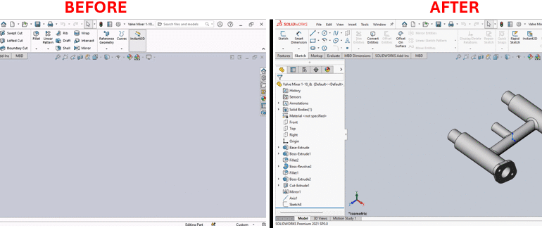 SOLIDWORKS Macro to Create Custom ISO Views and n image divided into two side-by-side sections labeled "Before" and "After," showing a SOLIDWORKS software interface. The "Before" section displays a partially constructed 3D model of a valve with a few extruded components and a feature tree on the left listing steps like "Base Extrude" and "Cut Extrude." The workspace is mostly empty with a gray background. The "After" section shows the completed 3D model of the valve, featuring a more detailed structure with multiple cylindrical and connected parts, and the same feature tree on the left with additional steps like "Fillet" and "Mirror." Both sections include toolbars and menus at the top, with the "After" section highlighting the finalized design in a 3D view.