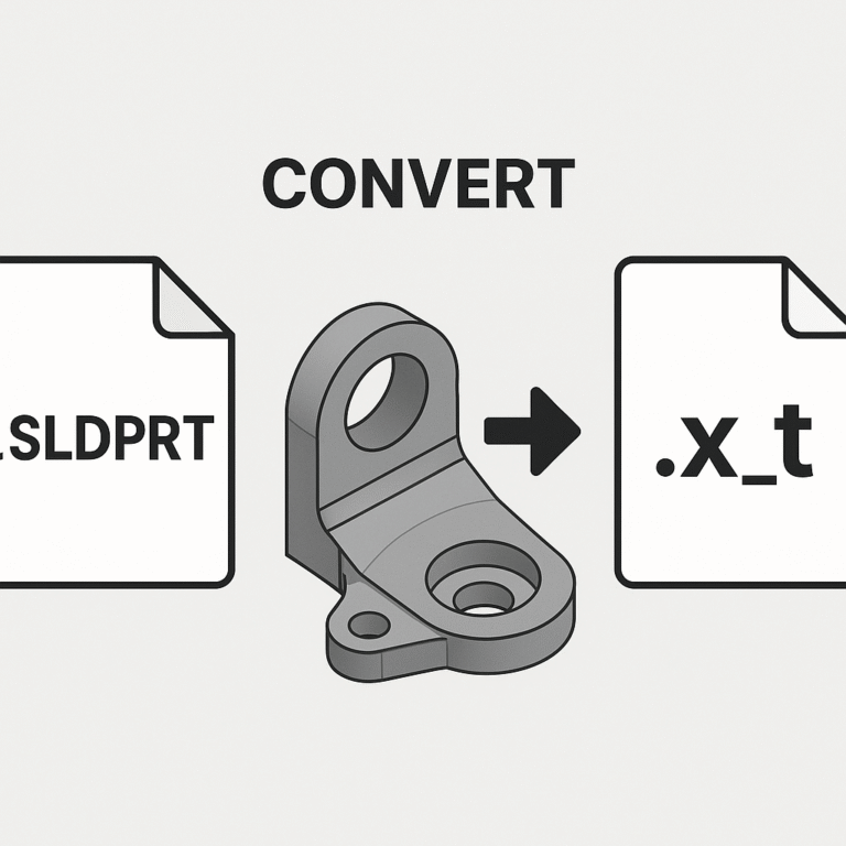 SOLIDWORKS Macro to Export Assembly Components as Parasolid and An infographic titled "CONVERT" illustrating the process of converting an SLDPRT file to an .xt file. It shows an SLDPRT file icon on the left labeled "SLDPRT," followed by a 3D model of a mechanical part with holes and a protruding section in the center. An arrow points to an .xt file icon on the right labeled ".x_t," indicating the converted file format.