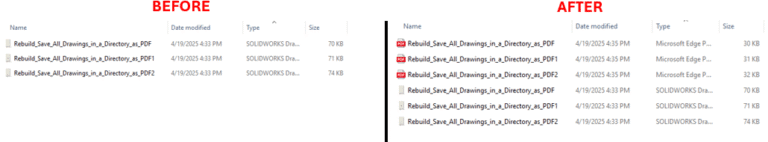 SOLIDWORKS Macro to Rebuild and Save All Drawings in a Directory as PDF and A side-by-side comparison labeled "BEFORE" and "AFTER" showing a file explorer window. The "BEFORE" section lists four PDF files named "Rebuild_Save_All_Drawings_in_a_Directory_as_PDF" with sizes 70 KB, 71 KB, 74 KB, and 70 KB, all dated 4/19/2025 4:33 PM. The "AFTER" section shows the same files with updated sizes: 30 KB, 31 KB, 32 KB, and 70 KB, and file types changed to "Microsoft Edge PDF Document" for the first three, while the fourth remains a SOLIDWORKS Drawing at 70 KB. Red arrows point to the size reductions in the first three files, highlighting a significant decrease in file size after processing.
